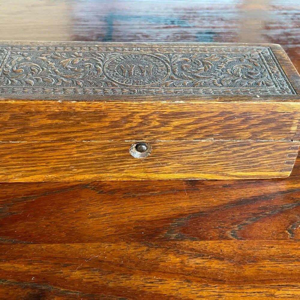 Antique Handcarved Oak Wood Wheeler & Wilson Jewelry Box c. 1890